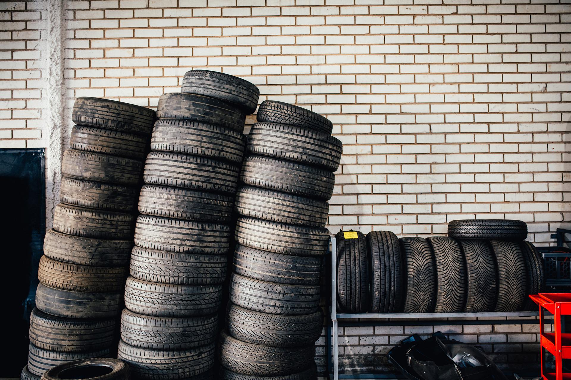 A stack of tires in a garage