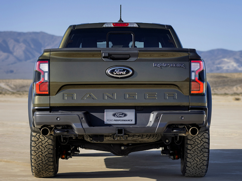 The tailgate of a 2024 Ford Ranger Raptor vehicle