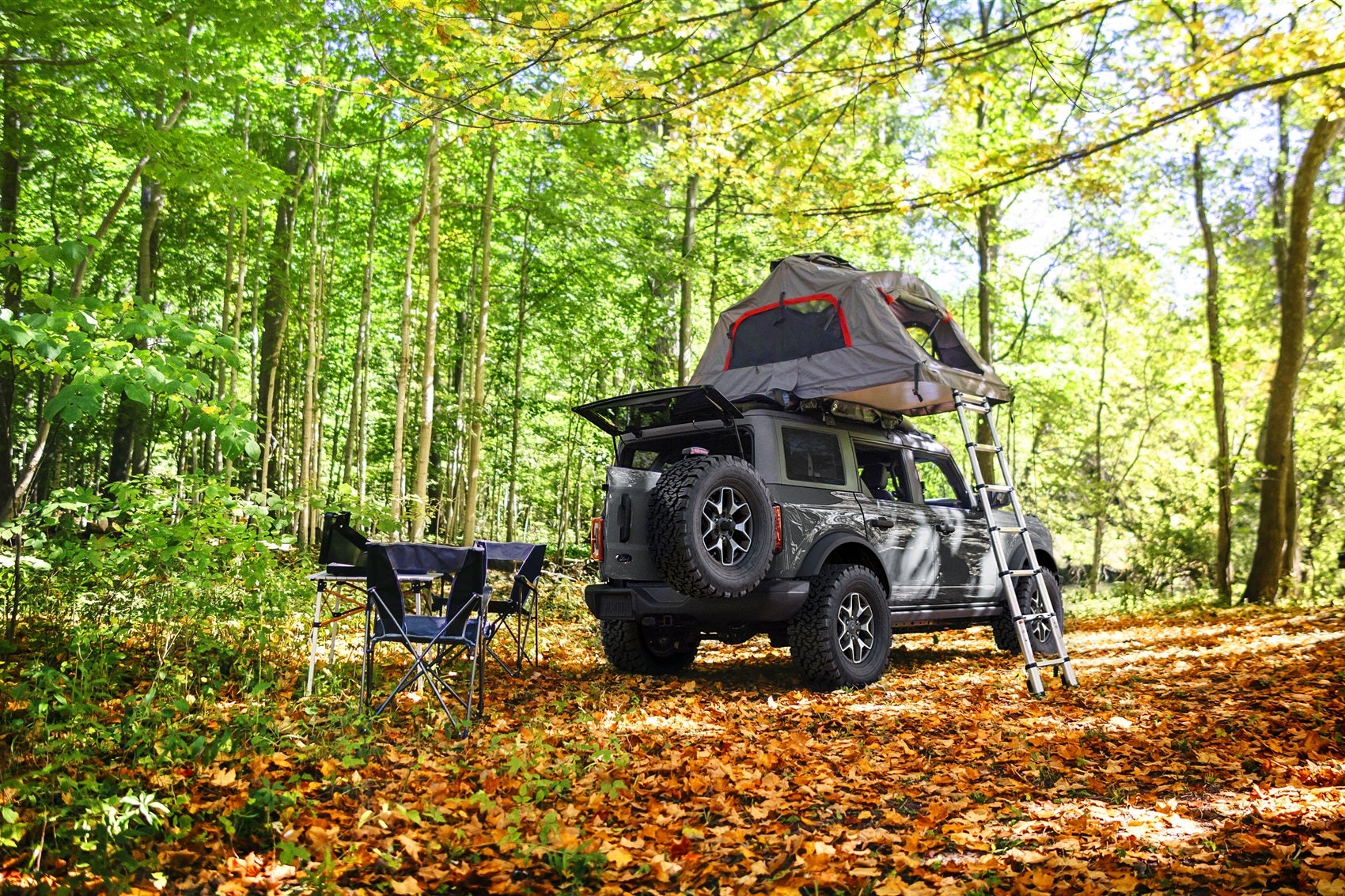 Ford set up for camping in the woods